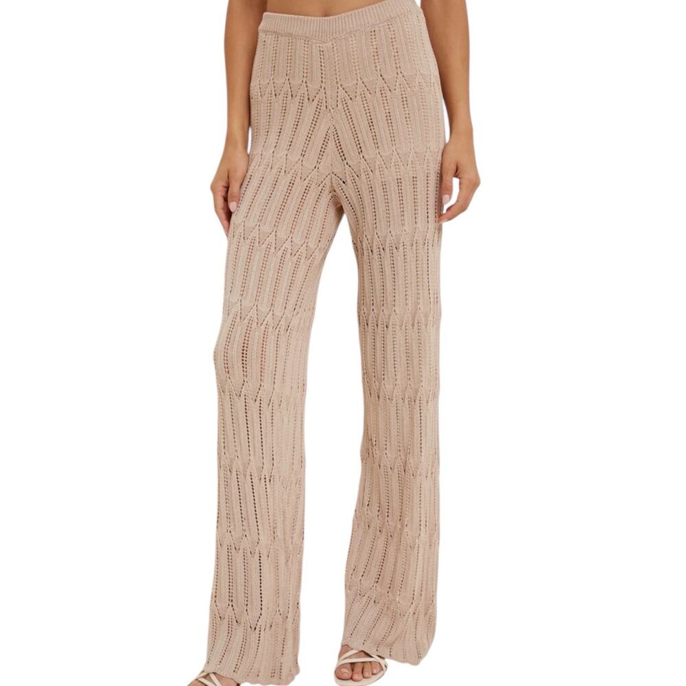 Zara Womens Crochet Camel Tan Knit Beach Pull On Pants Sz S Sheer High Rise
